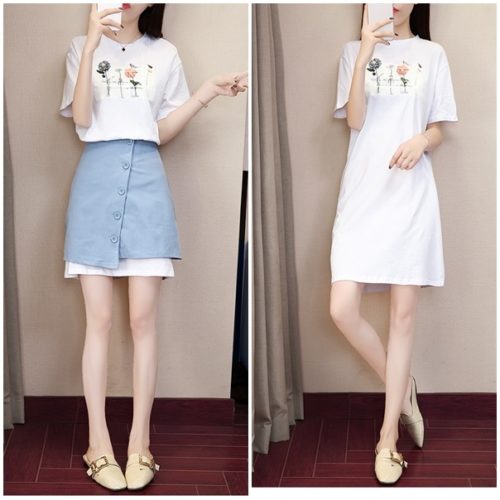 LS10733-white Baju Dress  +  Rok Set Wanita Terbaru