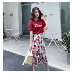 LS14529-red Baju Wanita Setelan T-shirt + Rok Import