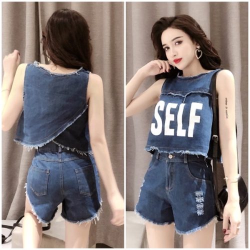 LS14616-blue Baju Setelan Wanita Baju + Celana Pendek Jeans Import