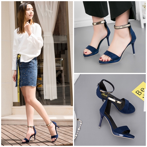 Jual SHH303-blue Sepatu Heels Bludru Wanita 9CM 