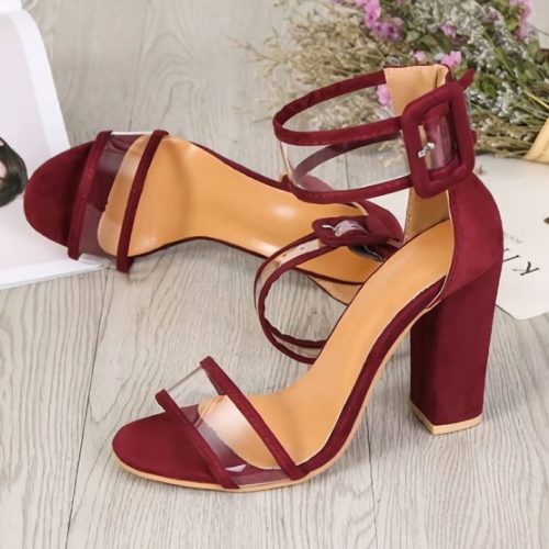 SHHM6-wine Sepatu Block Heels Ankle Strap Elegan 10.5CM